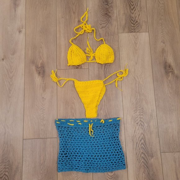 Three Piece Yellow Blue Crochet Bikini Skirt Set - Picture 2 of 4